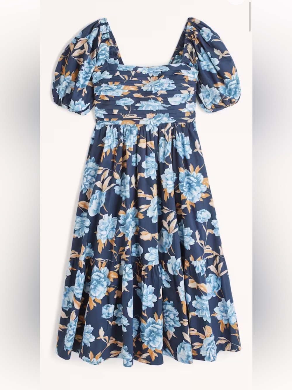 Abercrombie and Fitch Navy Blue Ruched Puff Sleeve Poplin Midi Dress